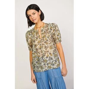 Current Air x Anthropologie Women's Oatmeal Yellow Split Neck Floral Blouse sz S